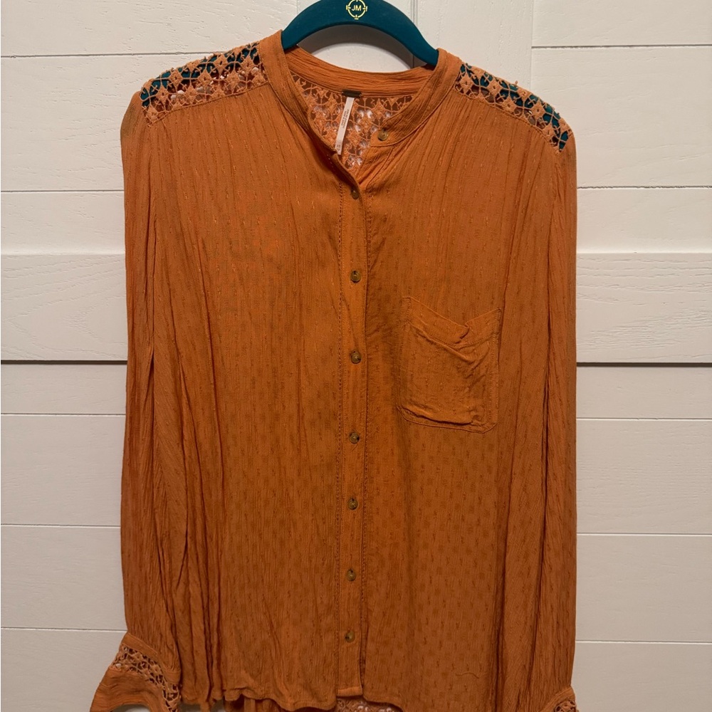 Free People Orange Embellished Mandarin Collar Blouse